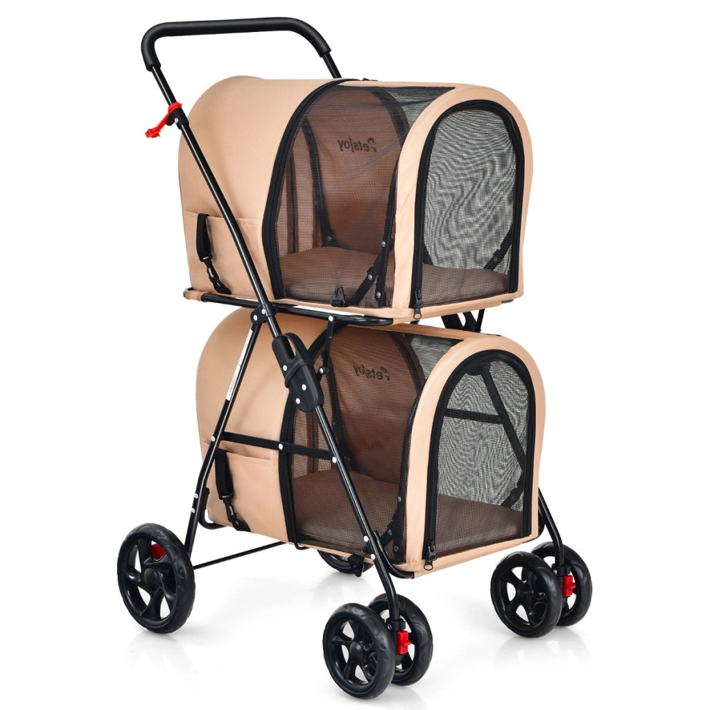 Passeggino a doppio livello multifunzionale per animali, Carrozzina pieghevole smontabile con 4 ruote Beige-Giochi e accessori per cani