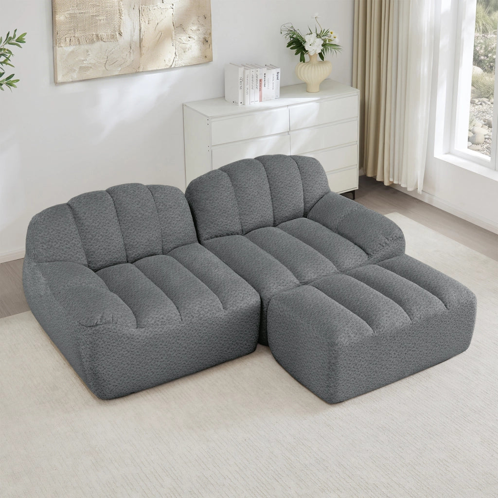 Divano angolare modulare 2 posti con ottomano; seduta ampia e combinazione flessibile; in fleece granulare; grigio