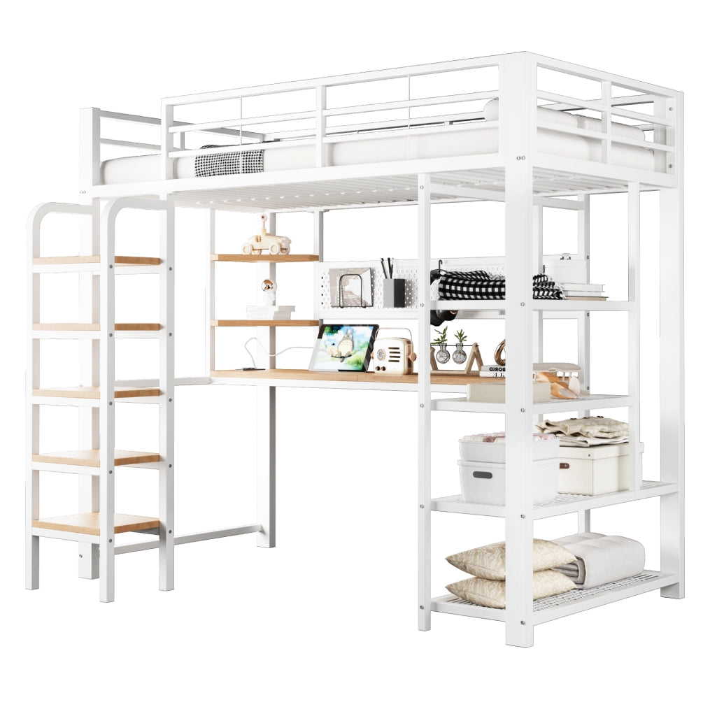 Letto a soppalco in metallo 90x200 cm con LED; scrivania e prese; bianco