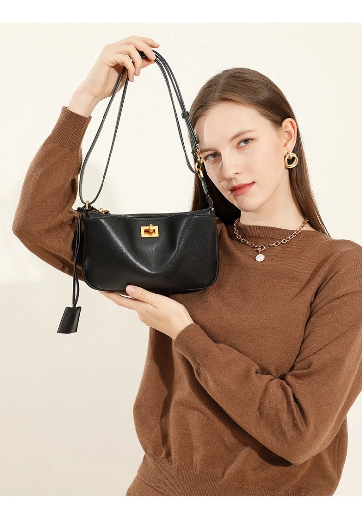 Borsa a tracolla da donna in vera pelle, stile vintage, nera.