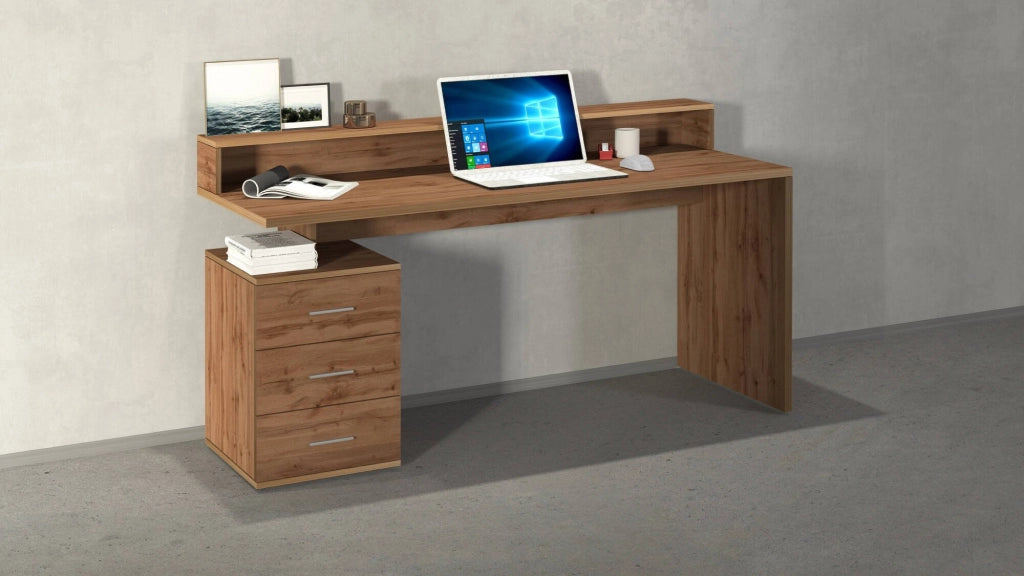Scrivania Flaminia, Scrittoio con sopralzo, Scrivania ufficio multiuso, Scrivania salvaspazio multi posizione, 160x60h90 cm, Rovere