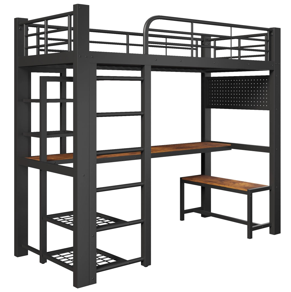 Letto a soppalco 90x200 cm con scrivania; asta appendiabiti; pannello forato; metallo nero
