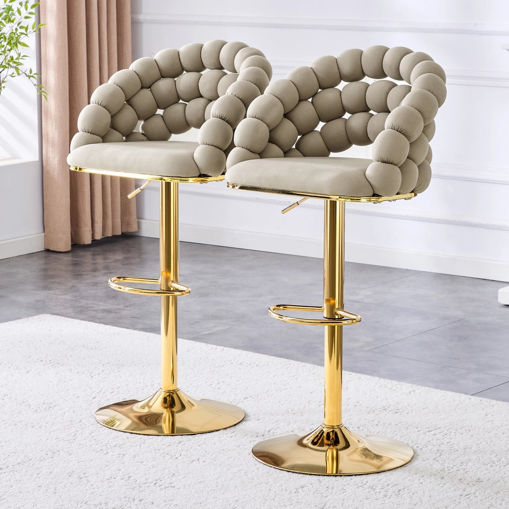 Sgabello da Bar Set da 2 con Schienale a Catena, Altezza Regolabile, Base in Metallo Dorato, Velluto Grigio