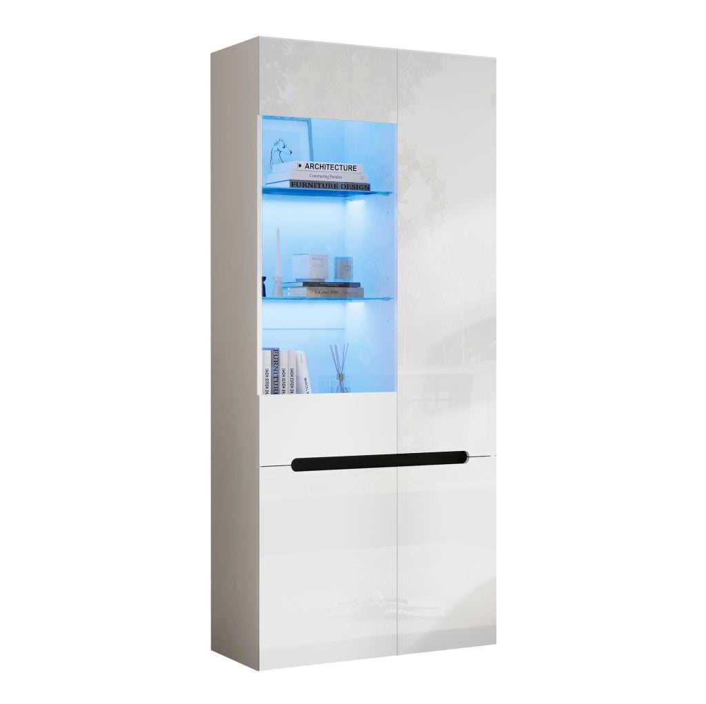Vetrina verticale 80x35x180 cm con 4 ante; LED Bluetooth e ripiani in vetro regolabili; MDF bianco