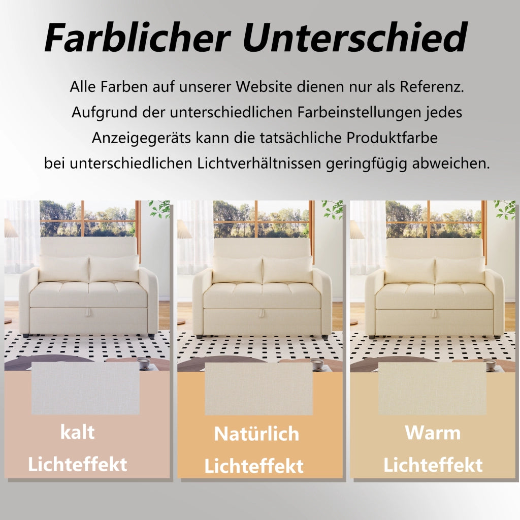 OKWISH Divano Letto 2 Posti, Schienale Regolabile in 3 Posizioni con 2 Cuscini, Meccanismo Scorrevole, Lino Cotone, Beige