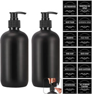 Pacco di 2 contenitori di sapone in vetro, 500 ml, nero lucido, dispensatore di sapone, dispensatore di shampoo, dispensatore di detersivo, flacone a pompa con etichette, dispensatore a pompa per la misura di liquidi.