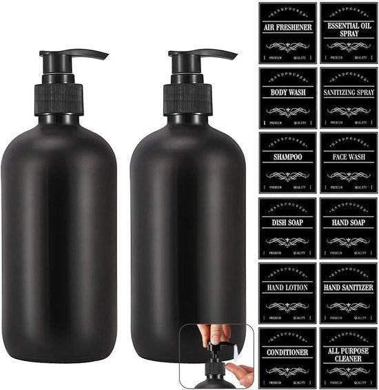 Pacco di 2 contenitori di sapone in vetro, 500 ml, nero lucido, dispensatore di sapone, dispensatore di shampoo, dispensatore di detersivo, flacone a pompa con etichette, dispensatore a pompa per la misura di liquidi.