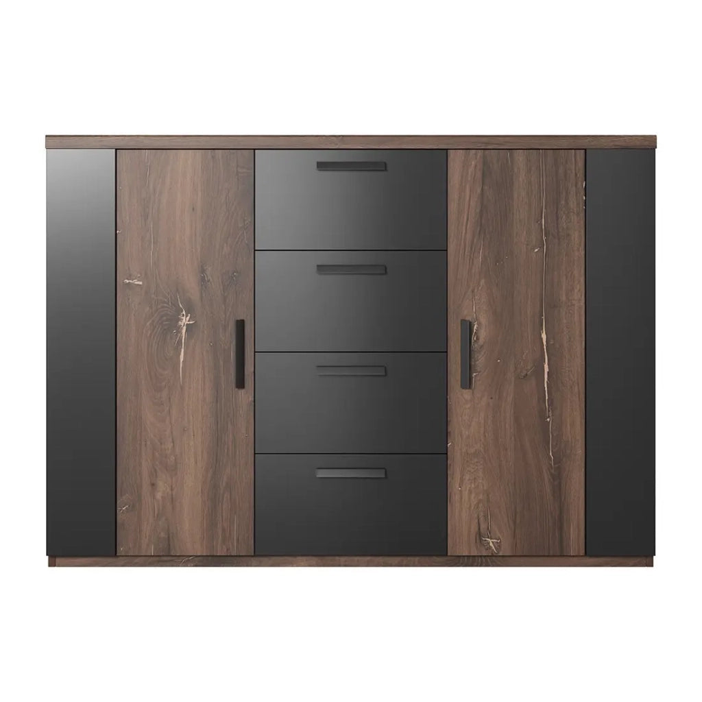 Camera completa FOX – Letto contenitore 180x200, doghe incluse, Armadio, Cassettiera, Comodini – Rovere scuro