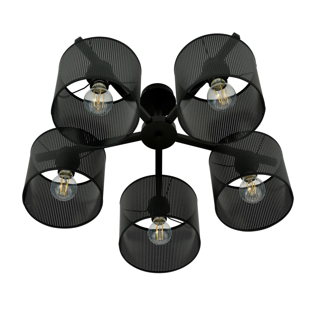 Plafoniera Industrial 5 Luci Cigno In Acciaio Nero E Paralumi A Cilindro
