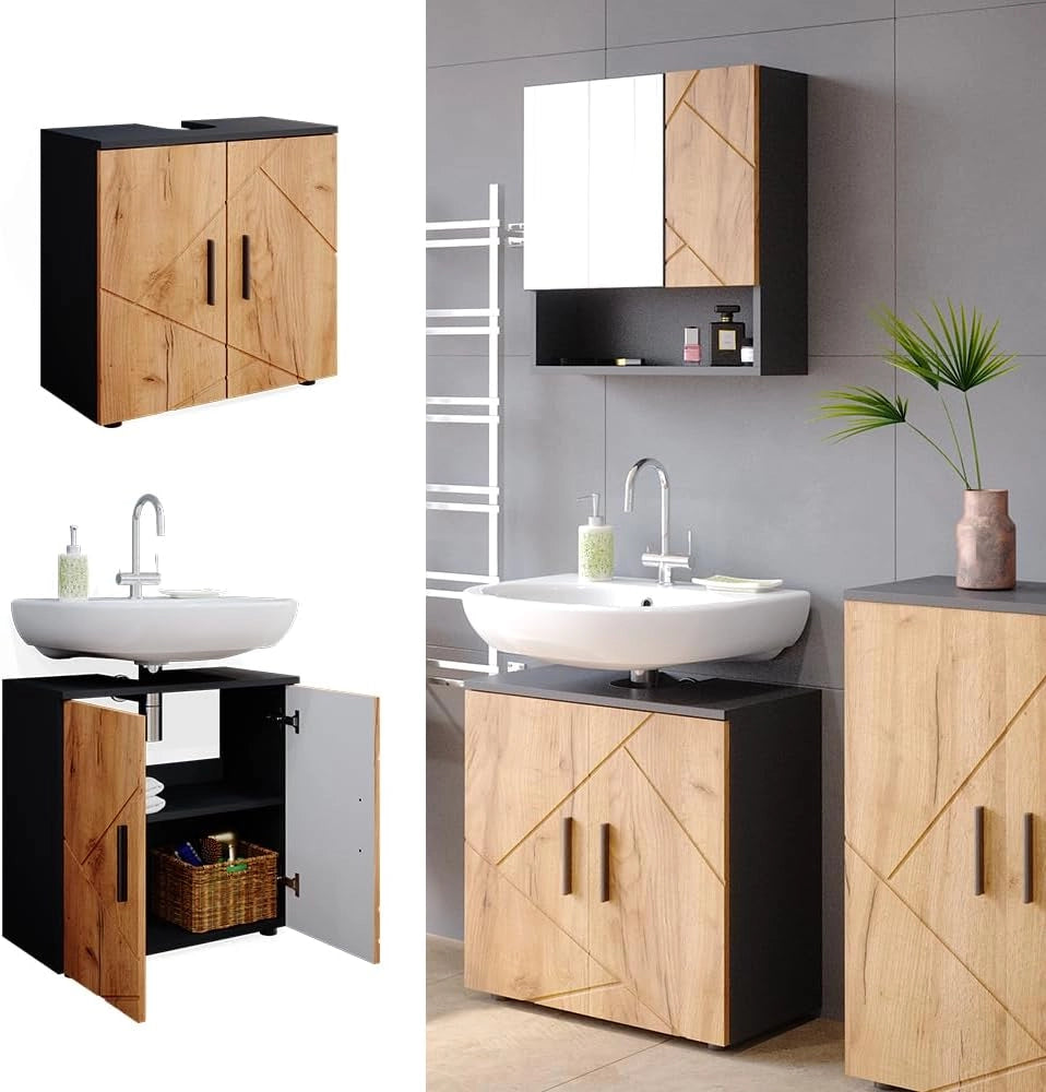 Mobile sottolavabo per bagno Irma, Quercia dorata/antracite, 60 x 59 cm, con ritaglio per sifone e ripiano interno per conservazione