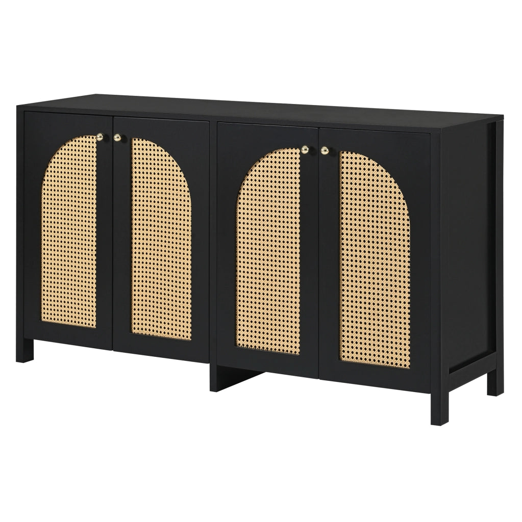 Credenza a 4 ante in MDF e rattan PE; nera