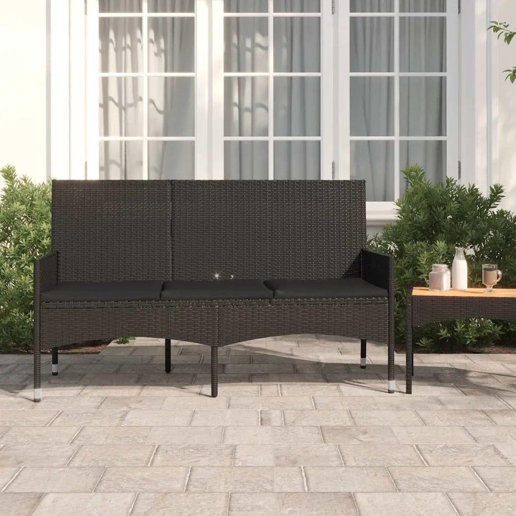 Panchina da Giardino | Panca da Giardino a 3 Posti con Cuscini in Polyrattan Nero