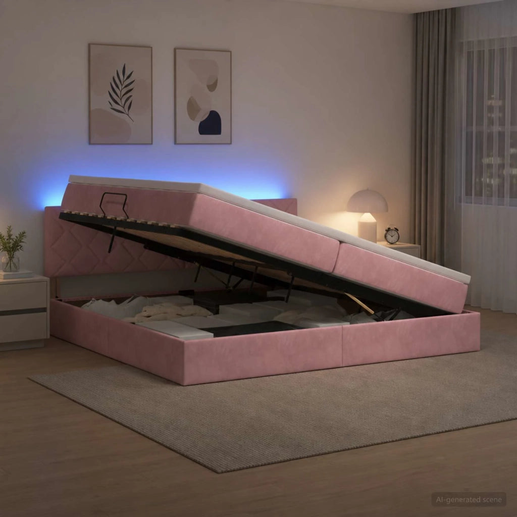 Letto con contenitore LED e materasso Rosa 200 x 200 cm Velluto 3459335