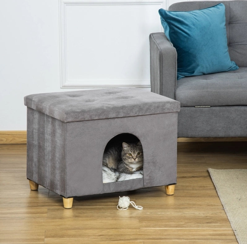 Pouf per gatti 2 in 1 con cuccia imbottita grigia