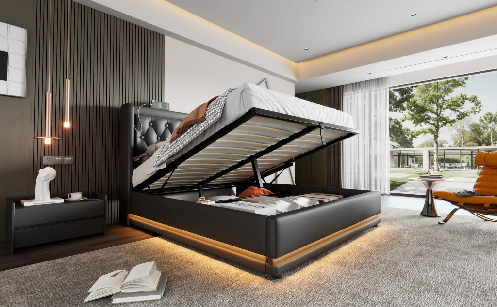 Letto matrimoniale 180x200 cm in PU nero con contenitore idraulico, testiera con USB e LED