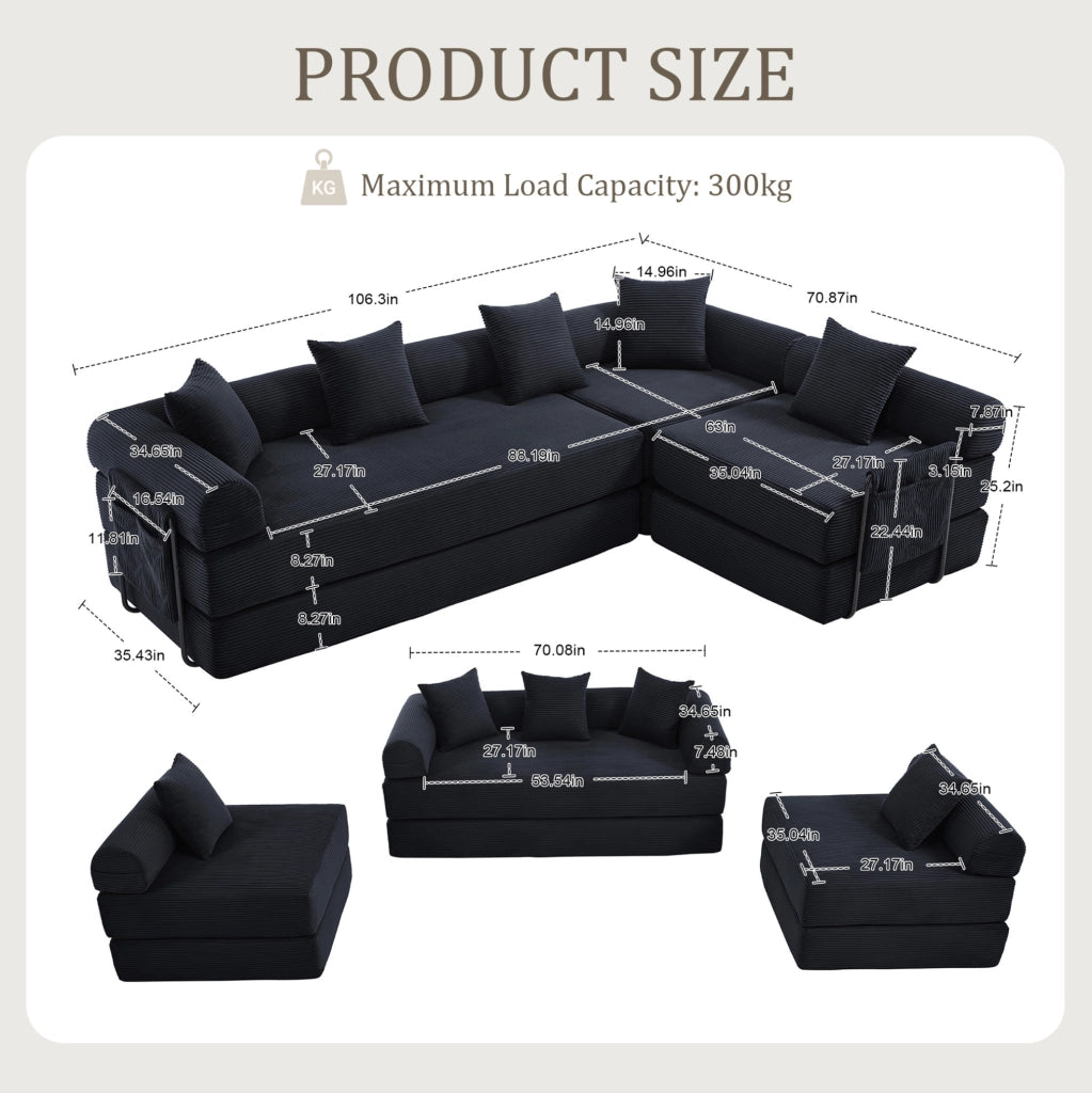 Divano modulare 270x180x64 cm trasformabile in letto con tasca laterale in velluto a coste nero