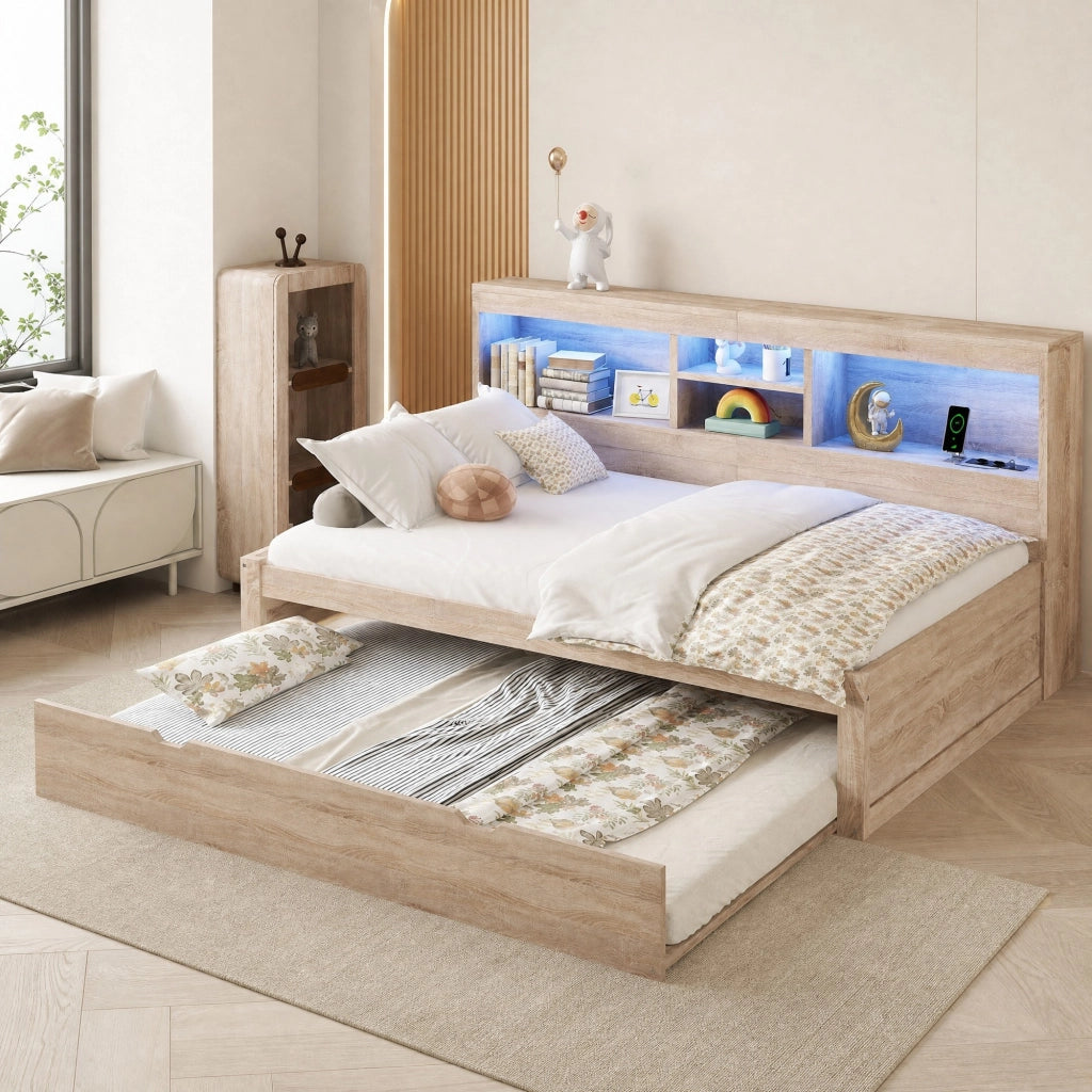 Letto daybed 90x200 cm con letto estraibile; LED; prese e USB; naturale