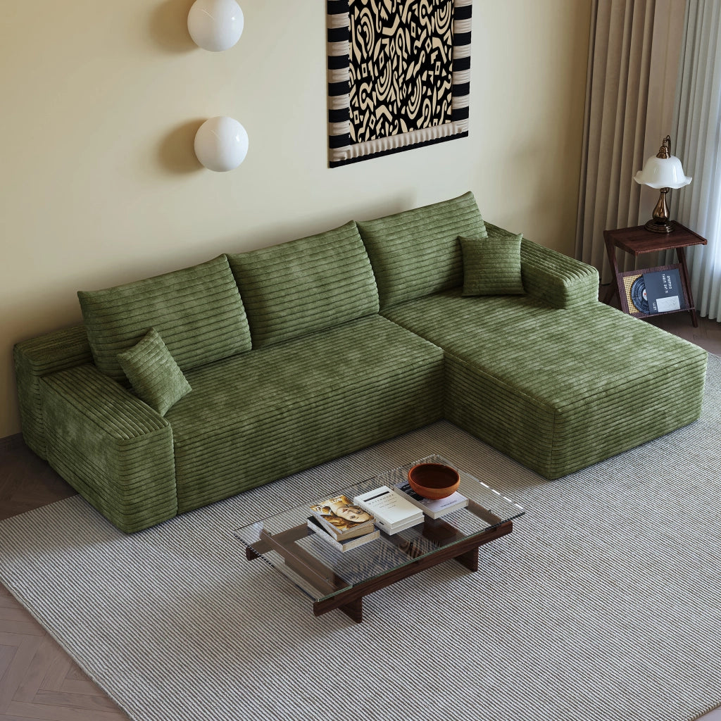 Divano angolare modulare senza montaggio con seduta profonda in tessuto a coste verde 270 × 175 × 83 cm