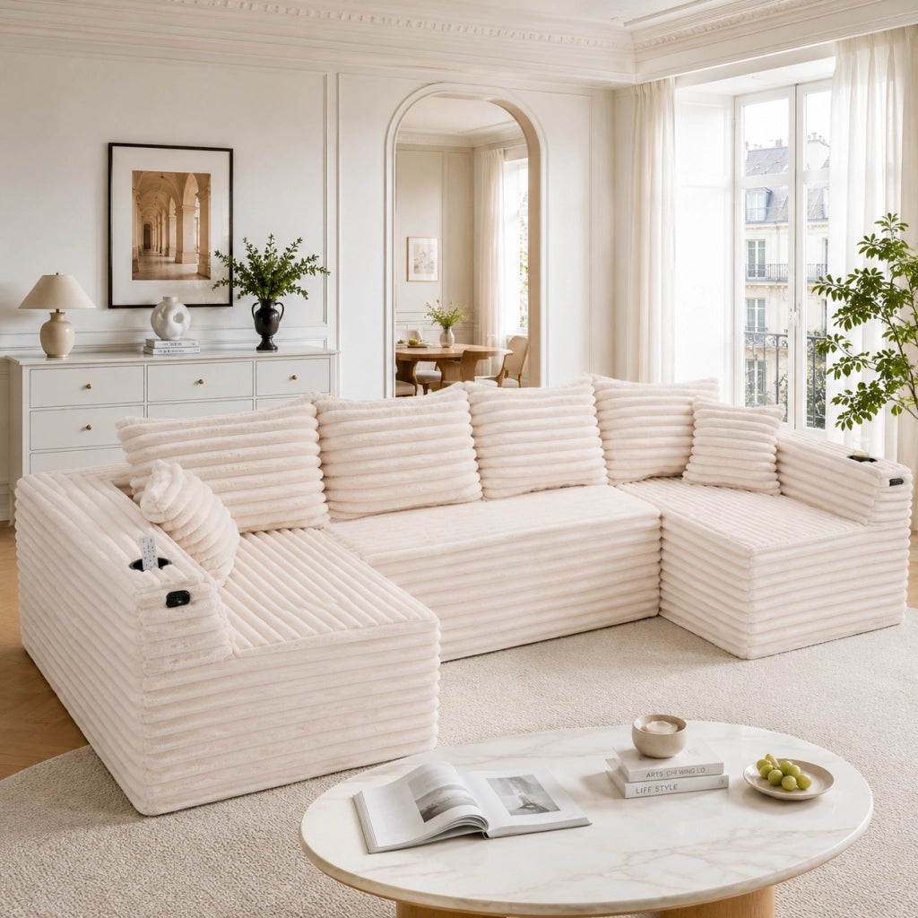 Divano modulare a U con portabicchieri, tasca laterale e cuscini in tessuto cord beige 320 × 155 × 88 cm