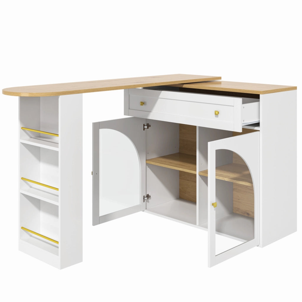 Tavolo da Pranzo con Scaffale a 3 Livelli; Ante in Vetro e Rotazione 360; in MDF; 138-204x39x104 cm; Bianco
