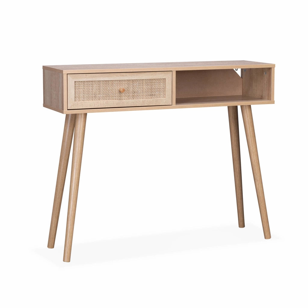 Consolle scandinava con effetto legno e canna, 100cm, marrone naturale