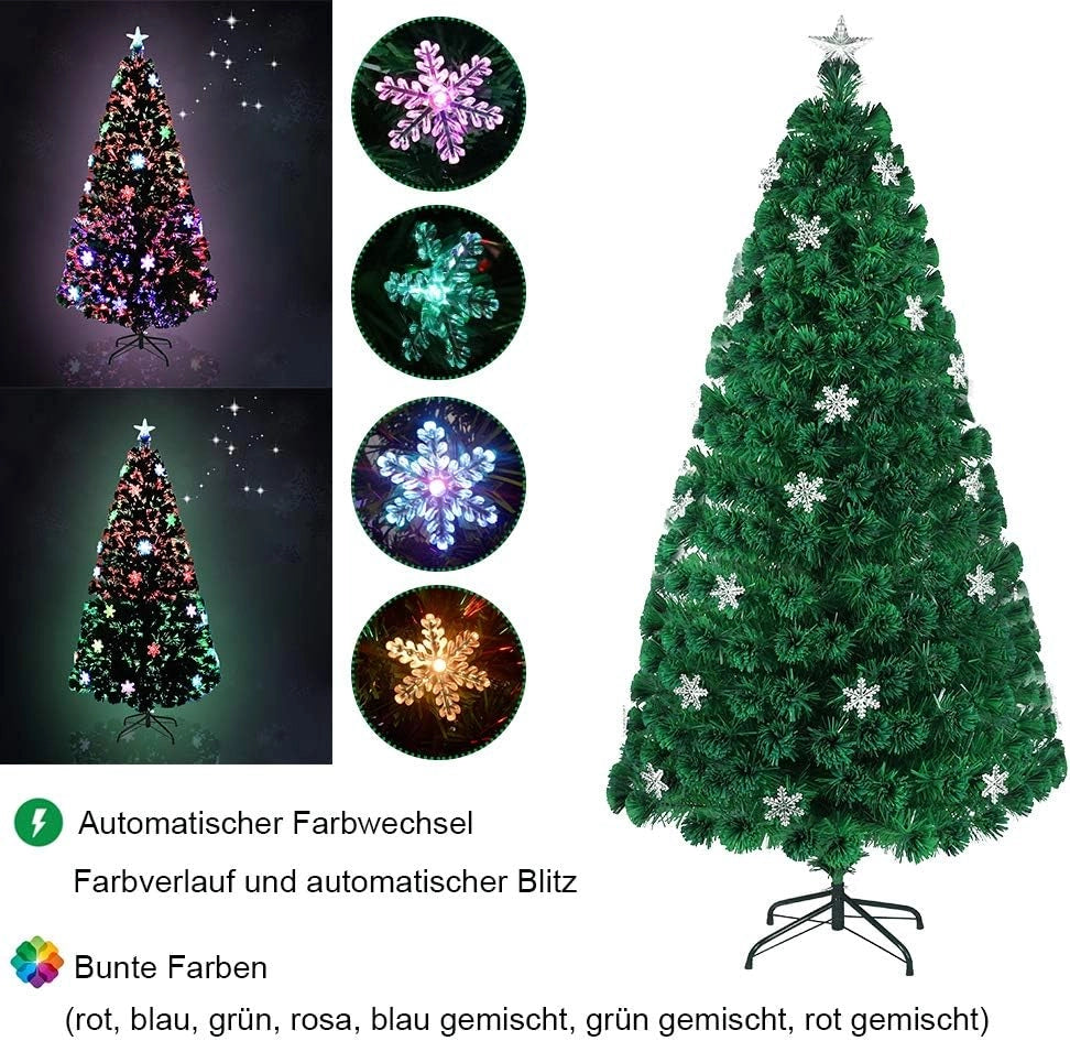 Albero di Natale artificiale 210 cm, albero di Natale artificiale con fiocco di neve e punta a stella, albero di Natale in fibra di vetro colorato, cambio colore automatico