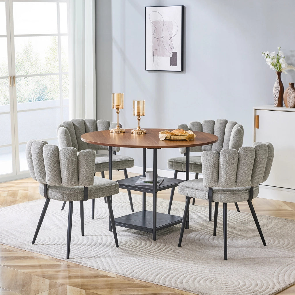 Set tavolo da pranzo e sedie con 1 tavolo rotondo e 4 sedie; 2 ripiani; in tessuto; MDF e metallo grigio noce e nero