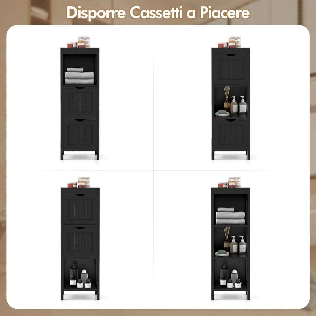 Mobile da Bagno, Mobile da Terra con 2 Cassetti e Vano Aperto, con Design Antiribaltamento, per Bagno, Camera da Letto, Salotto e Cucina, 30 x 30 x 90 cm (Modello 2)