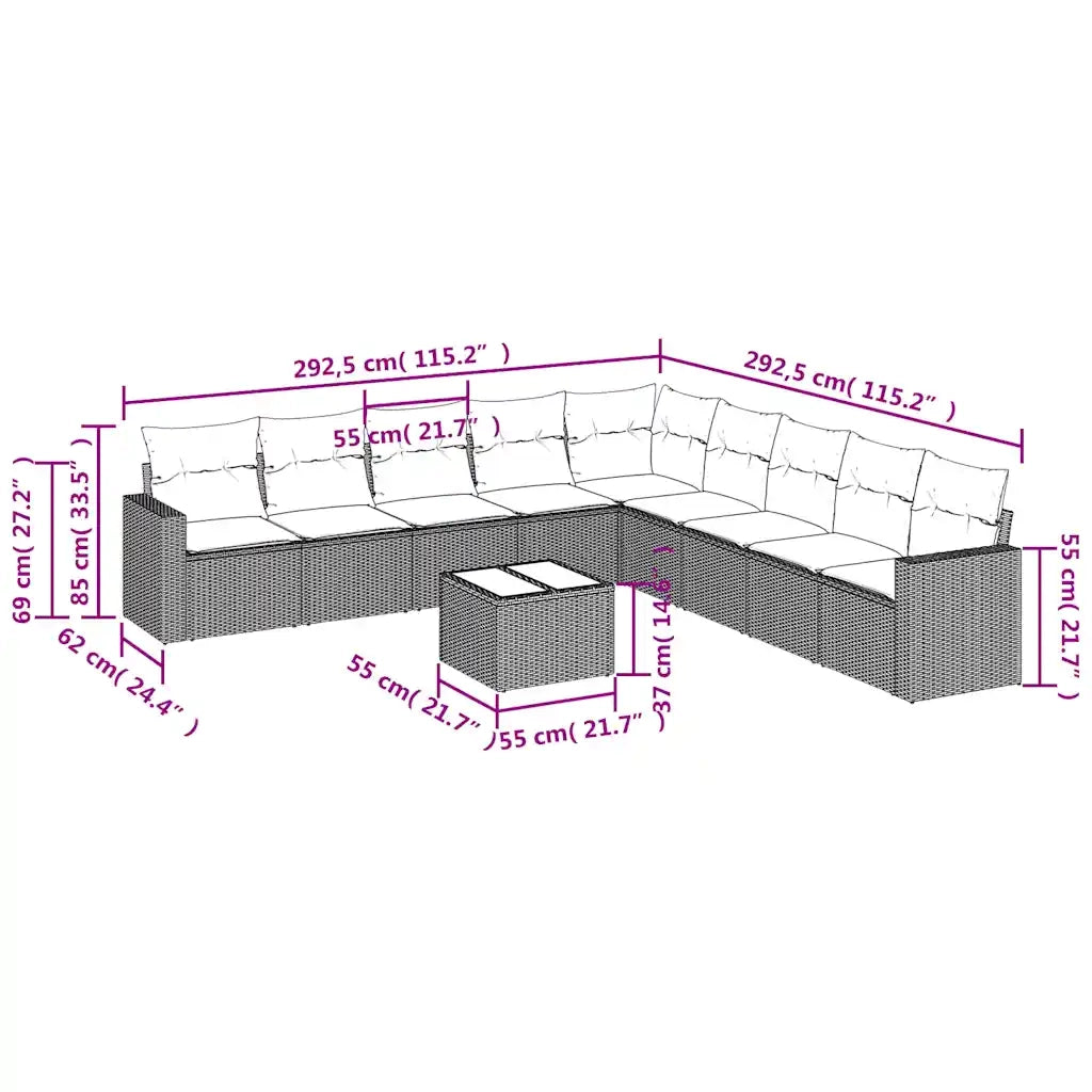 Set Divani da Giardino 10pz con Cuscini in Polyrattan Marrone 3251440