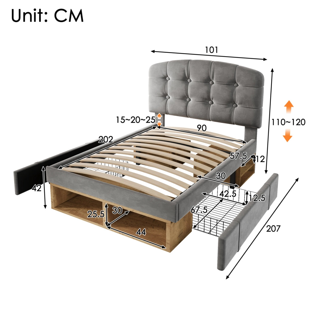 Letto singolo imbottito 90x200 cm in velluto grigio con testiera regolabile e cassetti