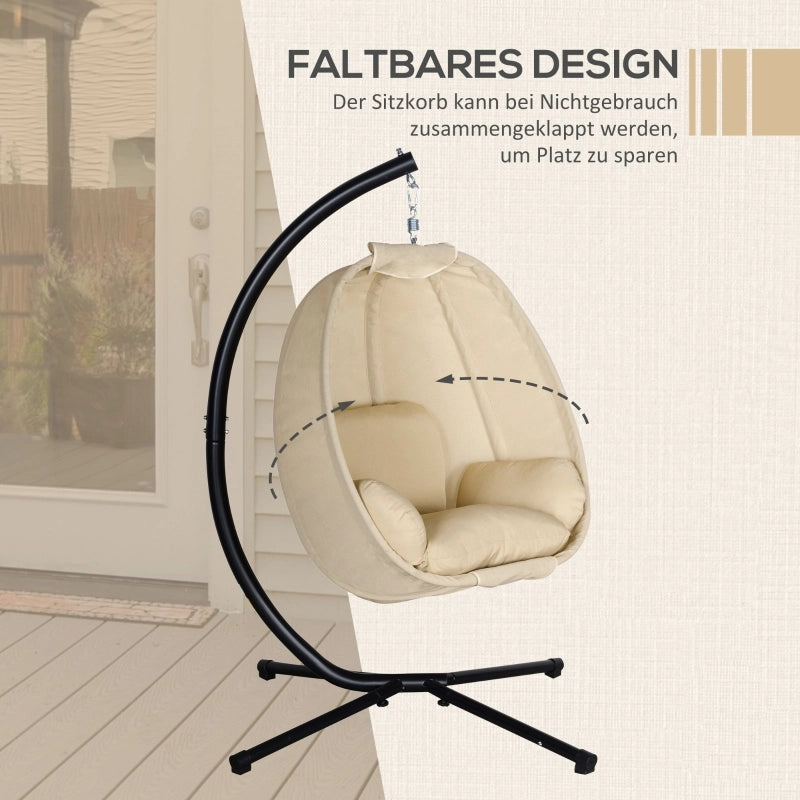 Sedia sospesa a forma di uovo con cuscino per uso interno ed esterno realizzata in metallo color kaki