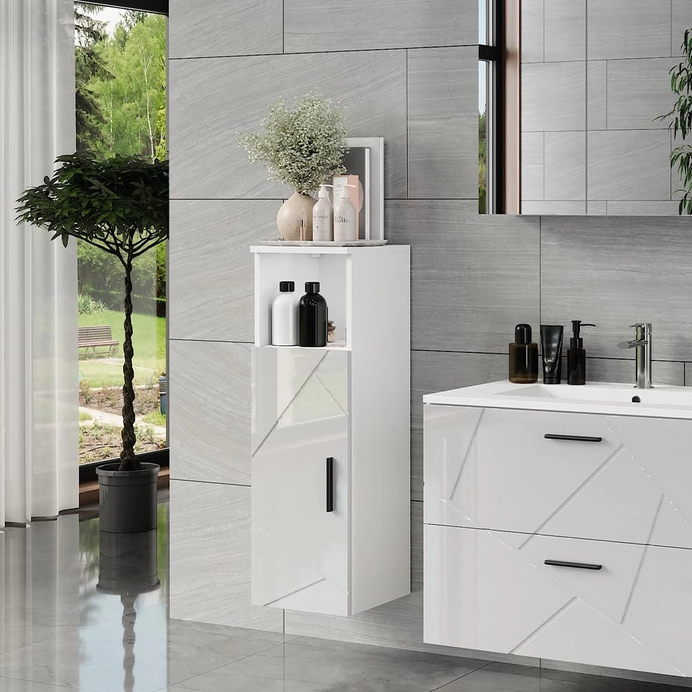Mobiletto midi Irma, Bianco/bianco lucido, 30 x 93 cm con porta, per la conservazione di articoli da bagno e asciugamani