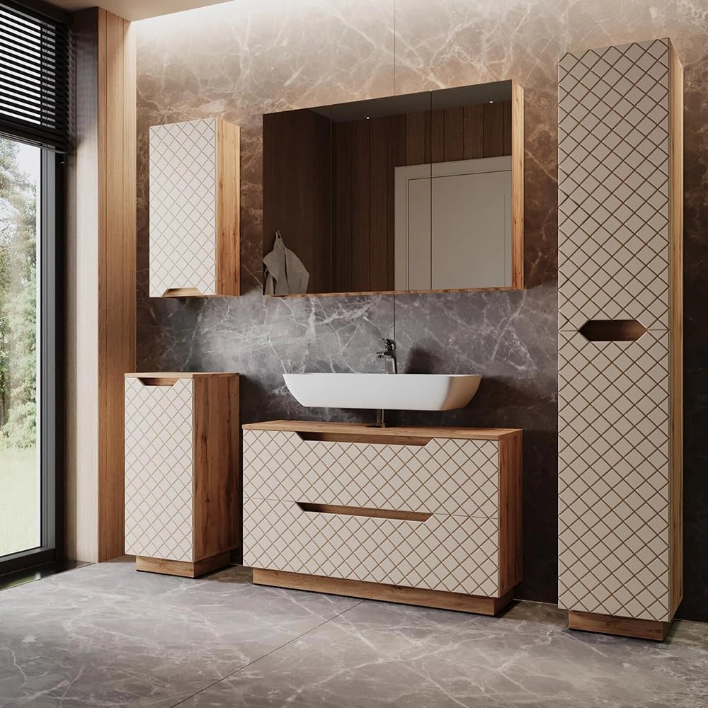 Set di mobili da bagno Lotta, Rovere/cashmere con struttura in piastrelle, 5 parti