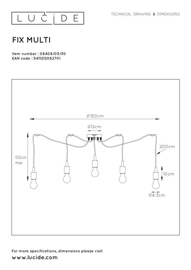 Lampadario Lucide FIX 5xE27 nero regolabile 100cm IP20