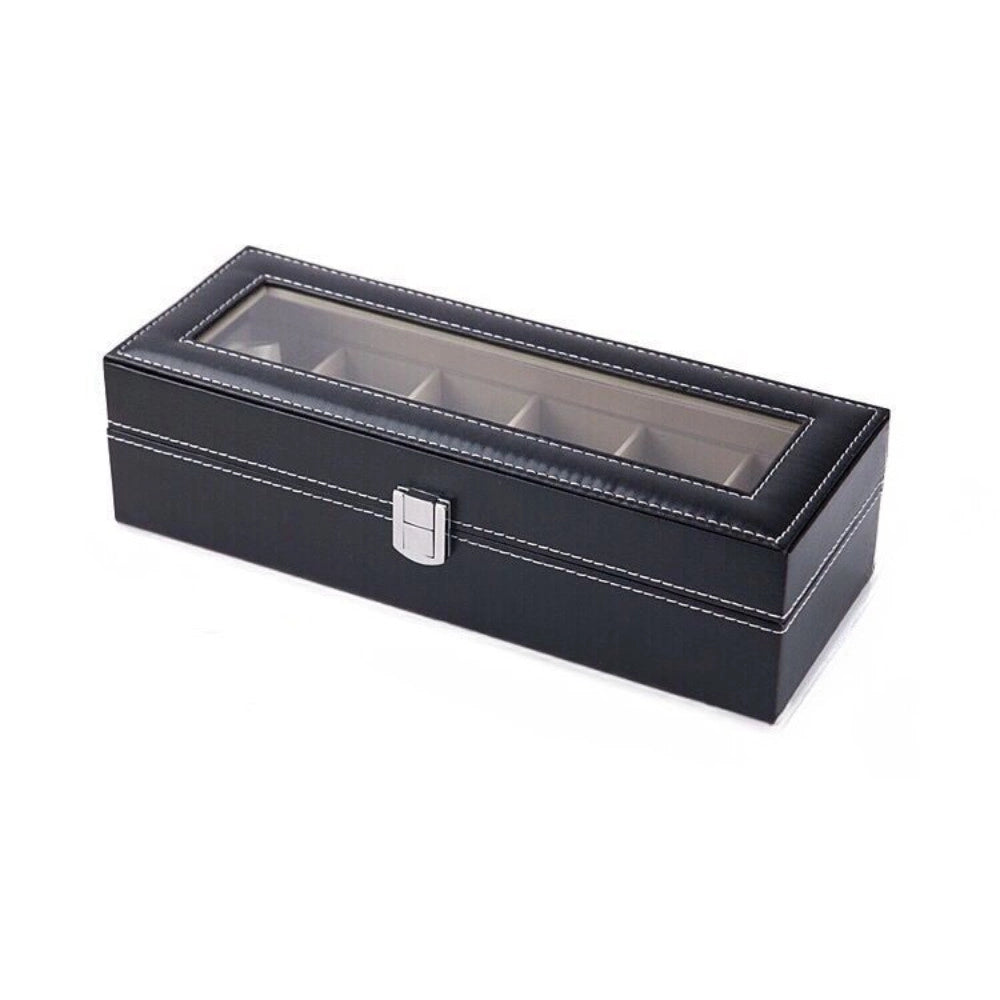 Trade Shop - Scatola Porta Orologi 6 Posti Con Vetro Custodia Elegante Effetto Pelle Nero -