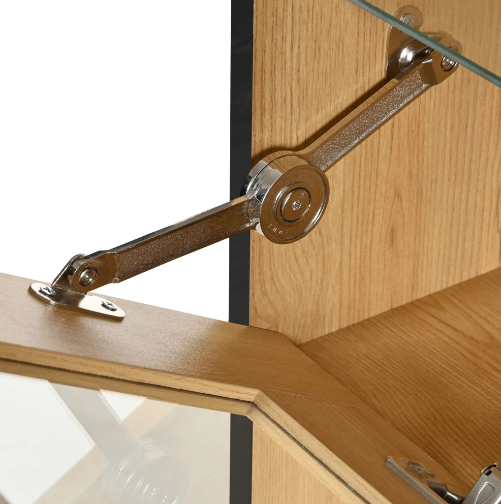 Credenza portabottiglie 110x38x111 cm con 2 ante; LED e divisorio in vetro; legno naturale e nero