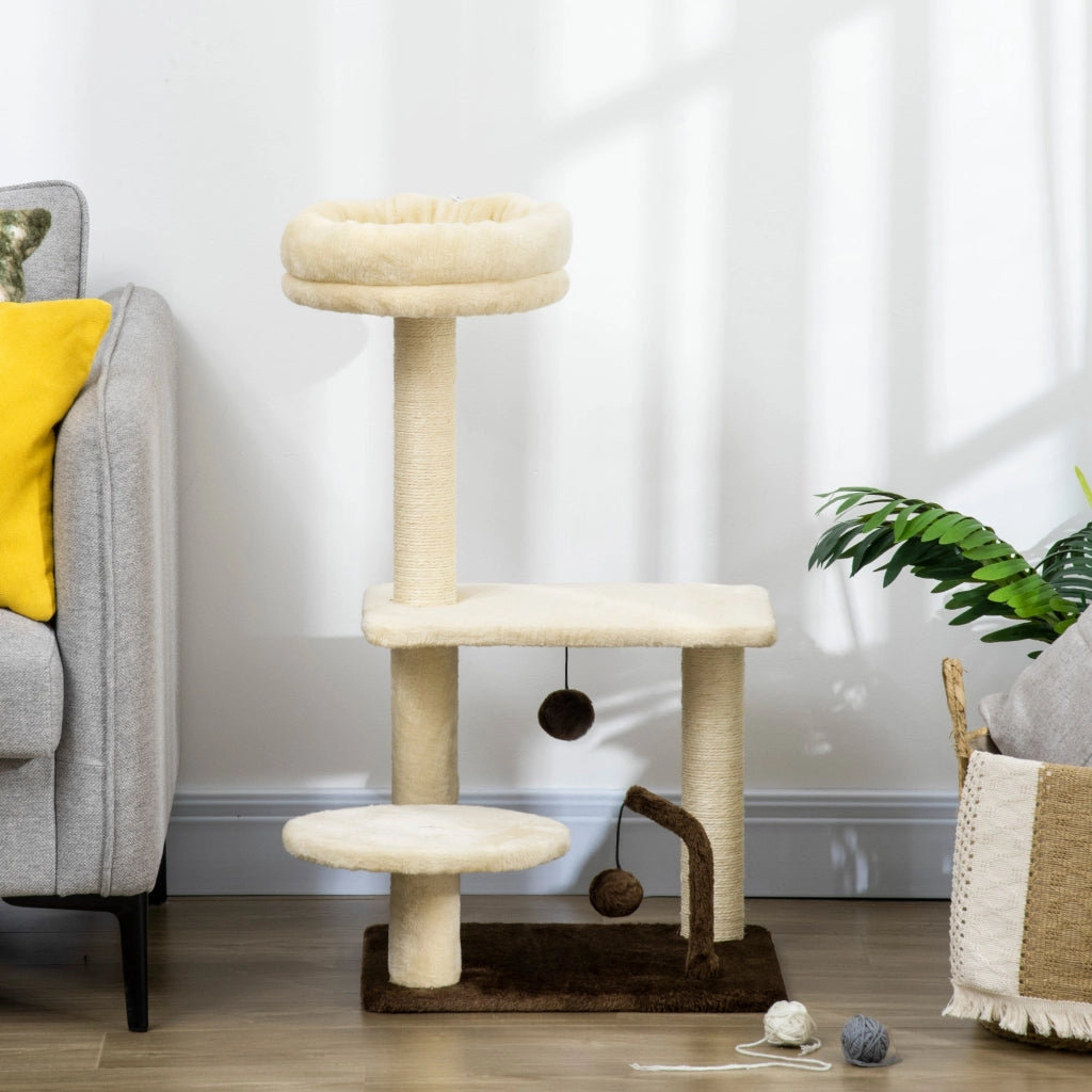Albero Tiragraffi con Posatoio e Palline 44x38x74 cm Palo in Sisal Beige