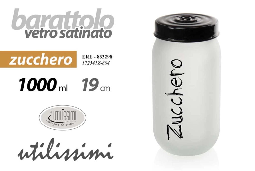 BARATTOLO IN VETRO OPACO PER ZUCCHERO DA 1000CC COPERCHIO NERO