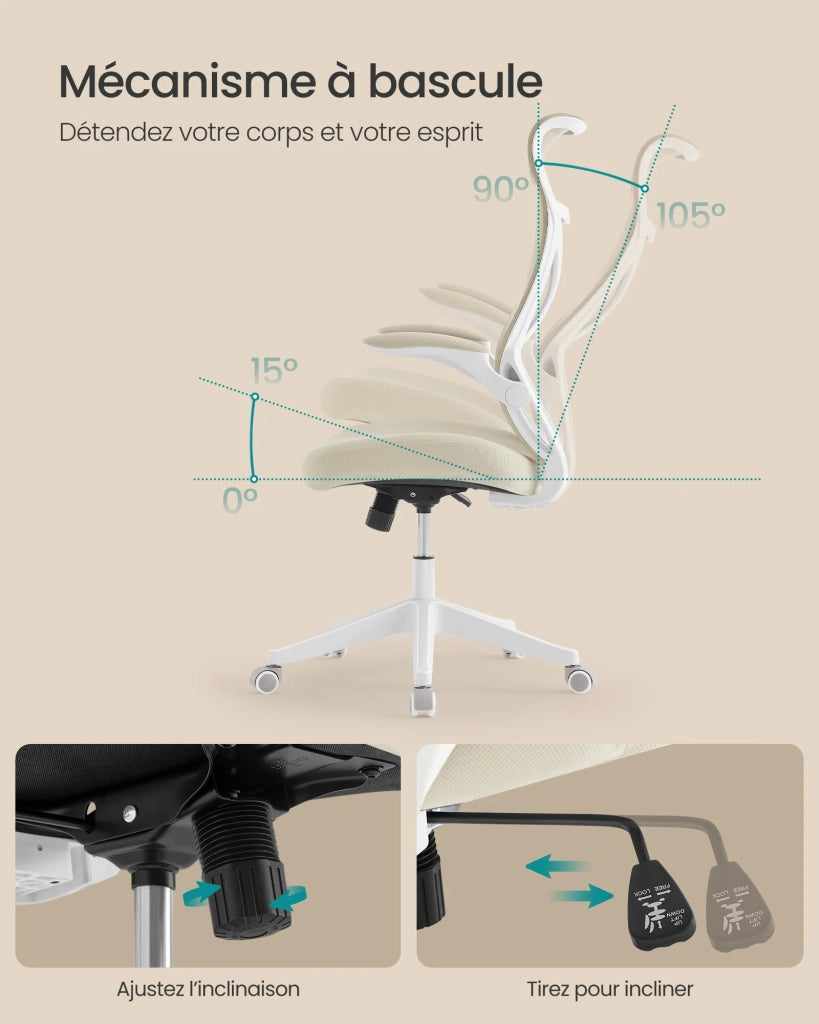 Sedia da ufficio ergonomica schienale regolabile in altezza braccioli pieghevoli girevole con poggiatesta portata 150 kg beige 12_0004859