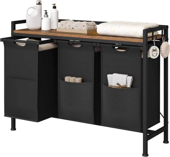 Asciugamani con 3 ganci - Asciugamani staccabili - Struttura metallica & Lame in legno - Per la zona lavanderia, la cabina doccia o la camera da letto - Nero - Moderno & Spaziale