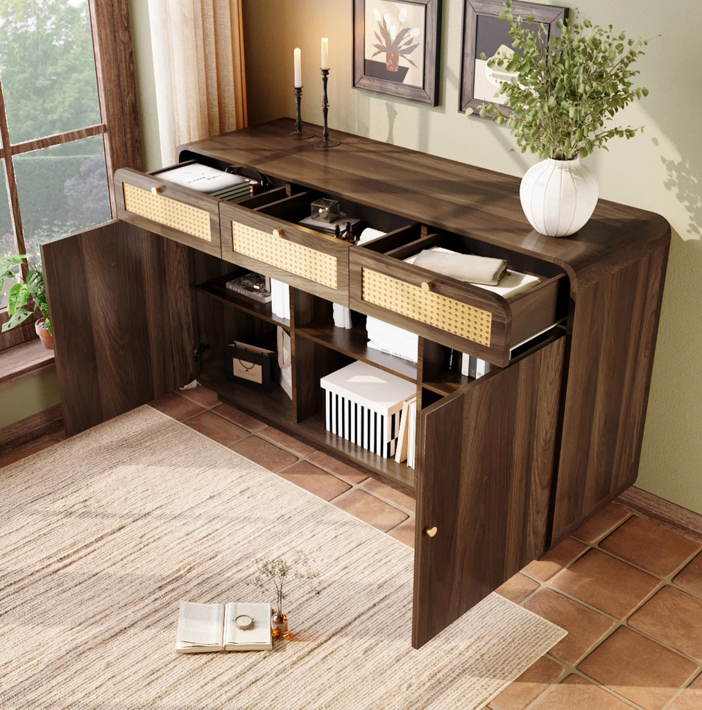 Credenza 120 cm noce con rattan, 3 cassetti e vani