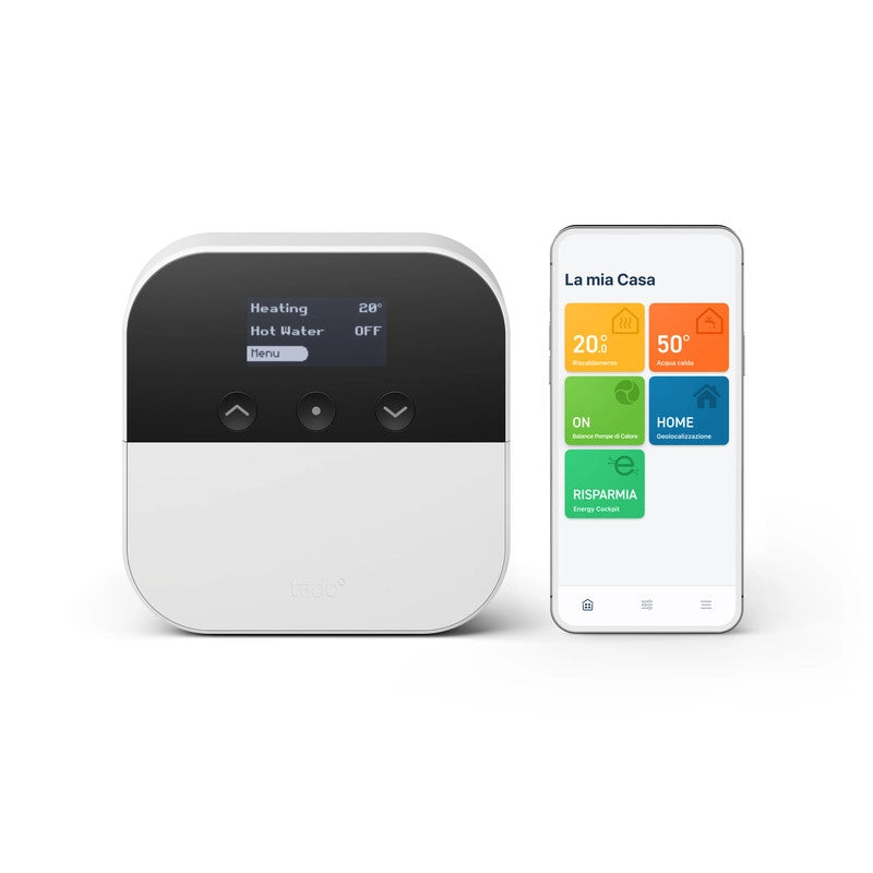 Tado ottimizzatore per poma di calore X. controllo tramite app. Assistenti vocali Google e Alexa. statistiche consumi