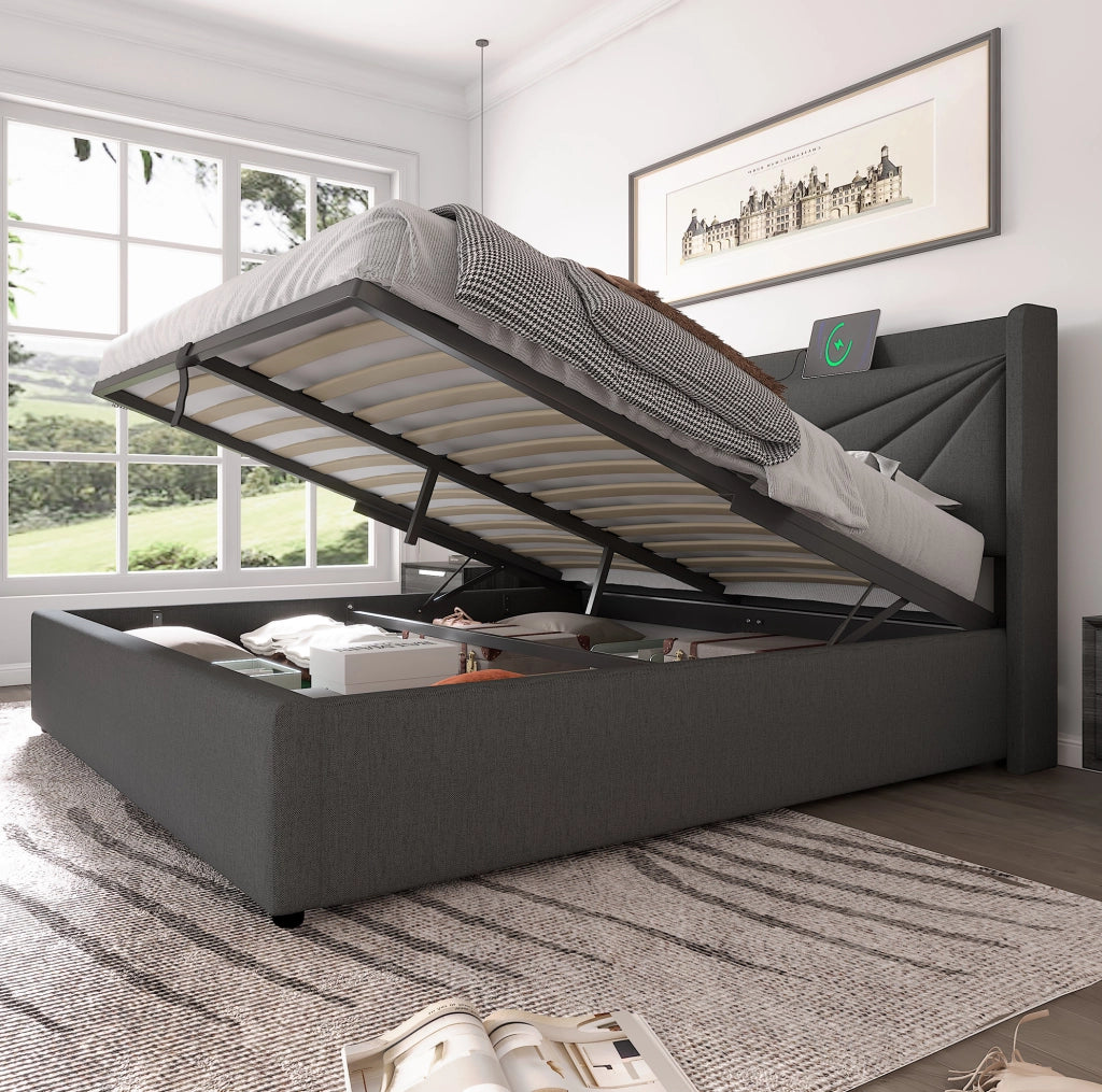 Letto matrimoniale con contenitore e testiera con USB e Type-C
