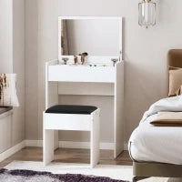 Tavolo da Trucco con Specchio Richiudibile, Tavolo da Trucco Moderno, con Sgabello, Vano Contenitore (10 Scomparti), MDF Bianco, 60.2 x 40.2 x 79cm