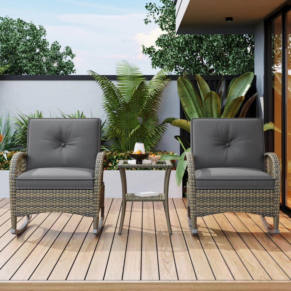Set da giardino 3 pezzi con 2 sedie a dondolo e tavolino in vetro temperato; grigio