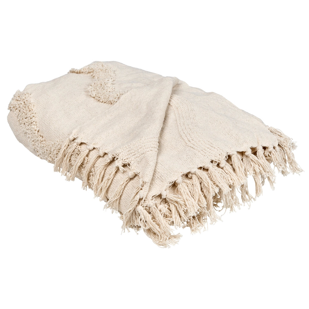 Coperta in cotone beige con frange e motivo geometrico 150 x 200 cm stile boho soggiorno camera da letto accessorio divano