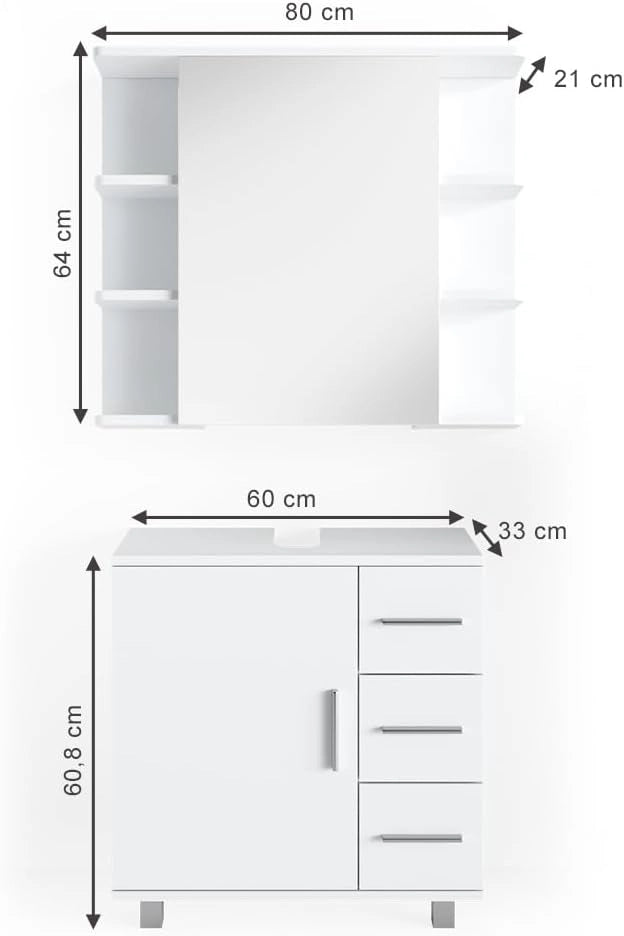 Set mobili bagno Ilias, Bianco, 60 cm, composto da specchio da bagno e mobile sottolavabo