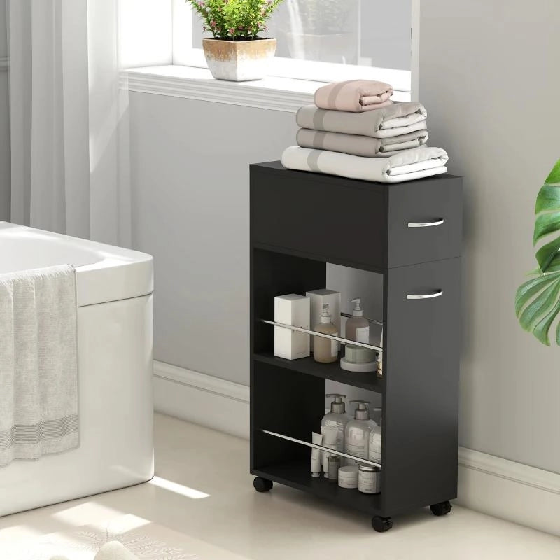 CARRELLO DA CUCINA CON 2 RIPIANI APERTI, CASSETTO E PARAPETTI, LEGNO E ACCIAIO INOX, 25X50X85 CM, NERO