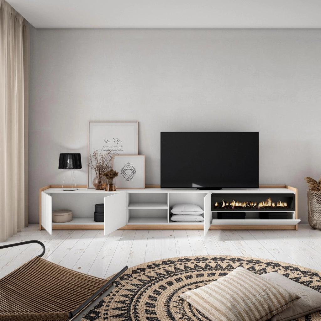 Mobile TV Soggiorno, 310x50x37 cm, Per TV fino a 80", Camino elettrico, Bianco e Rovere soft