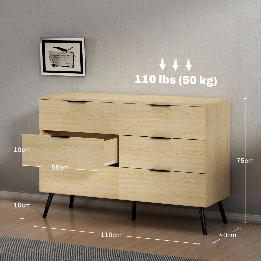 Cassettiera 6 Cassetti Design Nordico 110x40x75 cm Rovere